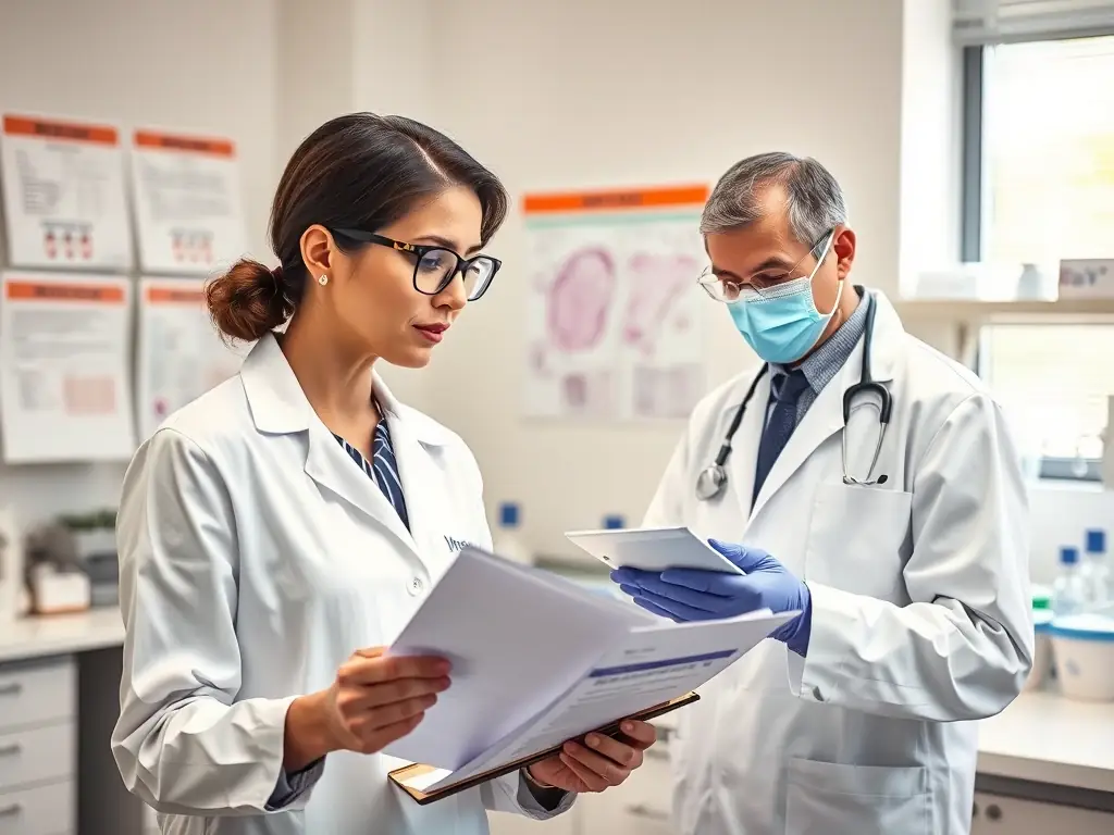 A consultant assisting a lab technician with CLIA compliance documentation, highlighting attention to detail and regulatory expertise.