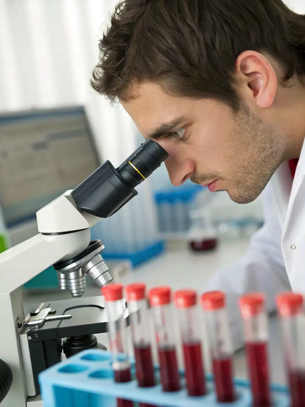 A laboratory professional reviewing CLIA compliance documentation in a well-equipped histology lab. The image should emphasize attention to detail and regulatory adherence.